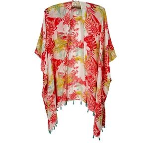 Quagga One Size Tropical Palm Leaf Kimono Swim Cover Up Pink‎ White Tassel Trim